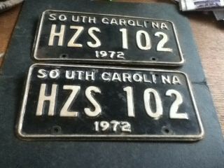 License Plate Vintage Matching Pair South Carolina Sc Hzs 102 1972 Rustic