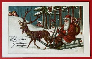 Vintage Winsch Santa Claus Postcard Santa On Sleigh,  Children Peeking Over Hill