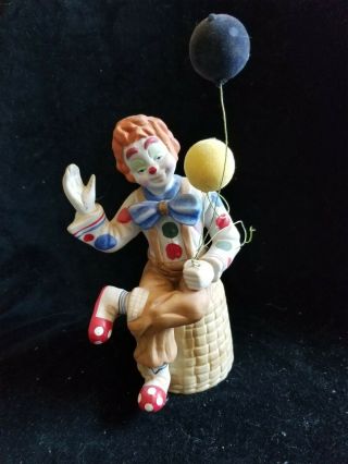 Vintage Enesco Porcelain / Ceramic Clown Figurine With Felt Type Balloons
