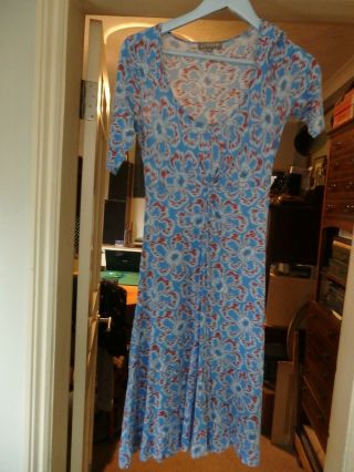 Vintage Blue Jigsaw Dress With Red/white Floral Design 3/4 Sleeve Calf Length