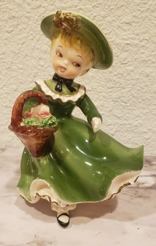 Vintage Napco? Lady Girl In Green Dress Flower Basket Hat Figurine 60s Chipped