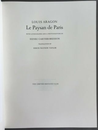 SIGNED/Ltd.  Henri Cartier Bresson Louis Aragon Le Paysan De Paris LEC 1994 3