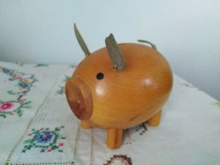 Vintage Wooden Leather Pig Money Box Savings Piggy Bank