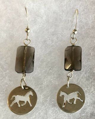 Vintage Sterling Silver Smoky Quartz Horse Pony Dangle Earrings,  1.  5 Inch Drop