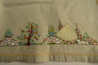 Vintage Hand Embroidered Crinoline Lady & Garden Linen Tray Cloth,  Table Mat