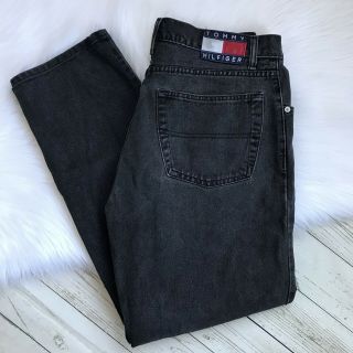 Tommy Hilfiger Black Jeans Vintage 32 Faded Mens Waistband Flag Patch Logo