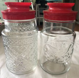 Vintage Maxwell House Coffee Glass Jar Red Lid Anchor Hocking 8” Tall Set Of 2