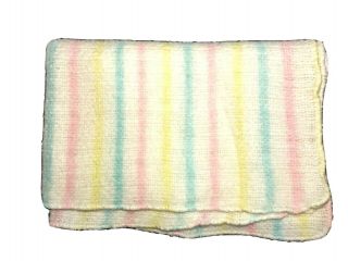 Vintage Beacon White Blue Yellow Pink Stripe Baby Blanket Acrylic Unisex 26x36