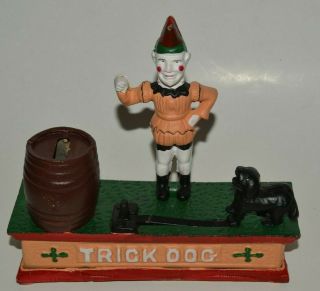 Vintage Minty Trick Dog Cast Iron Mechanical Bank W/ Clown No Ring