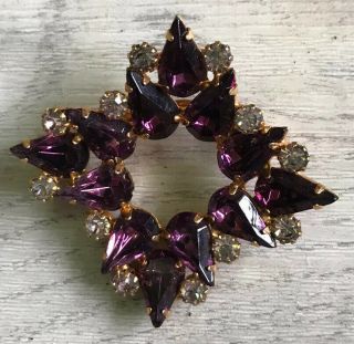 Vintage 1940s/1950s Jewellery Square Brooch Purple Glass Stones & Safety Clasp