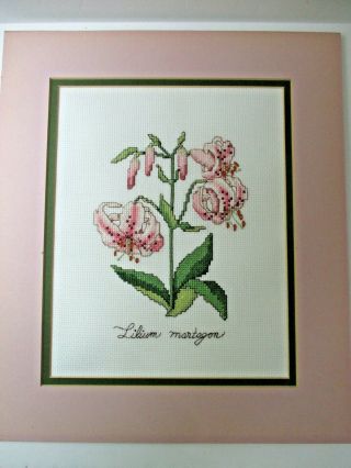 Vintage Completed Finished Cross Stitch " Tiger Lily " Pink Flower Mat 8 X 10