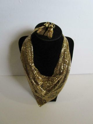 Vintage Whiting And Davis Gold Tone Metal Mesh Collar Bib Necklace Earrings Set