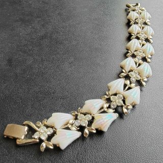 Signed Coro (pegasus) Vintage White Ab Glass Flower Rhinestone Leaf Bracelet 64
