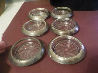 Vintage Set Of 6 Glass Coasters With Sterling Silver Trim Marked Amston 144