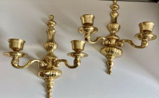 Vintage Heavy Brass 2 Arm Wall Sconces Candle Holders Estate Pair Set Of 2