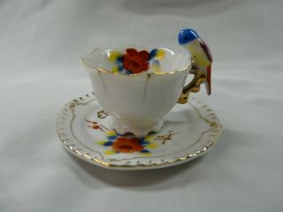 Vintage Mini Tea Cup And Saucer With Parrot Handle Japan