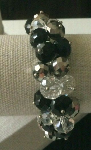 Vtg Jet Black And Clear Faceted Rock Crystal Cluster Stretch Bead Bracelet