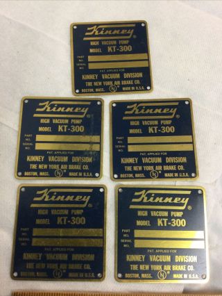5 Vintage Kinney Vacuum Pump Kt - 300 Brass Tag Plate Badge Signs