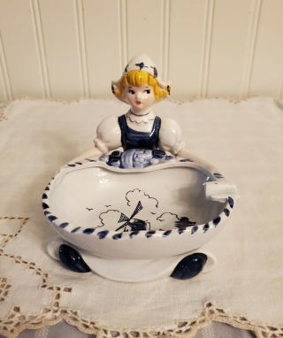 Vintage Delft Blue Dutch Girl Ashtray/ Trinket Dish Hand Painted Windmill Water