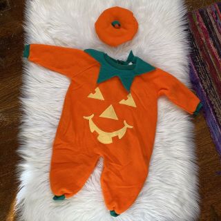 Vtg 90s Babygro Fleece Pumpkin One Piece Costume With Hat Toddler Large