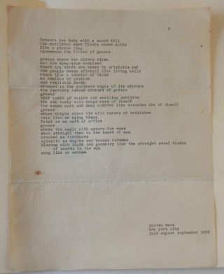 Julian Beck / Typed Poem Invests Her Body With A Sword Till 1st Ed 1953