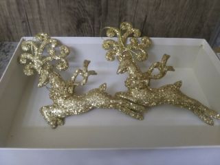 2 Vintage Gold Glitter Sparkle Christmas Reindeer Ornaments 6 " X 4 " For Mary
