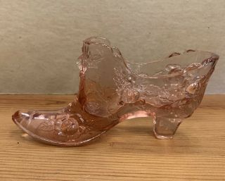 Vintage Fenton Art Glass Dusty Rose Pink Cabbage Rose Shoe Slipper Boot Marked
