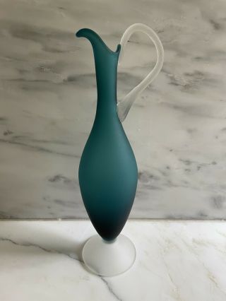 Vintage Blue/green Satin Frosted Glass Vase With Clear Handles & Pedestal