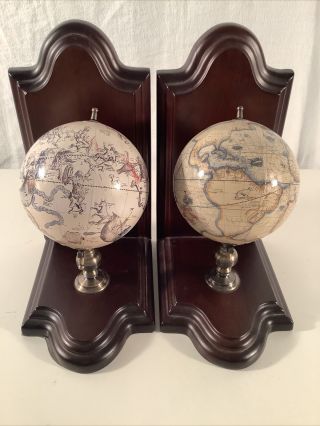 Vintage Wood & Brass World Globe Book Ends