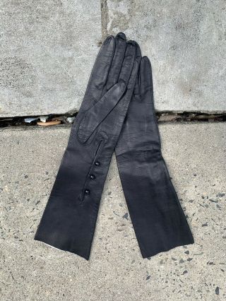 No Size Vintage Black Kidskin Leather Buttons On The Inter Wrist Gloves 2