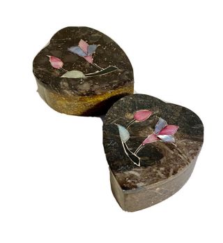 Vintage Small Marble Trinket Jewelry Box With Pink Flower Design - Set Of 2