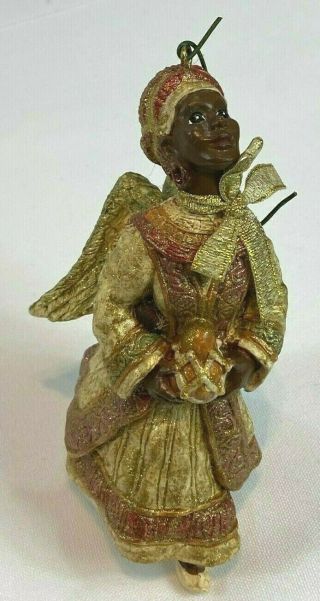 Vintage African American Angel 4 3/4 " Christmas Ornament In Glittery Gold Gown