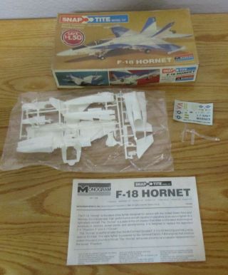 Vintage 1980 Snaptite Model Kit F - 18 Hornet Airplane 1/72 Scale Contents