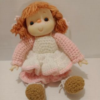 Vintage Handmade Lollipop Doll Girl Pink And White Braids And Yarn Bows