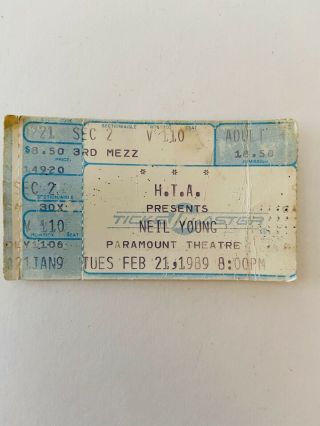 1989 Neil Young Vintage Concert Ticket @ Paramount Theatre - H.  T.  A.  Presents