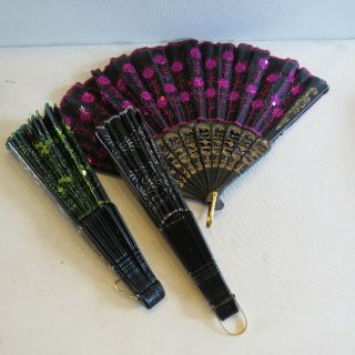3 Vintage Hand Fans Black With Pink,  Green,  Silver 9.  5 "