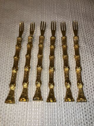 Vintage Appetizer Cocktail Forks Set Of 6 Gold Tone Bamboo Design 3.  75”