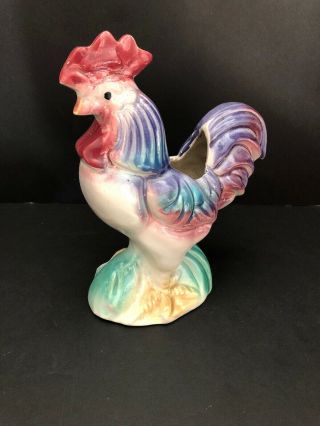 Vintage Porcelain Ceramic Rooster Chicken Planter Mid Century Vibrant Colorful