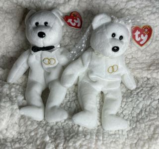 Vintage 2001 Ty Beanie Baby 8 " Mr.  And Mrs.  Wedding Ring Marriage Bear W/ Tags
