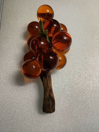 Vintage Large Mid Century Lucite Glass Rust Grape Cluster On Driftwood 13 "