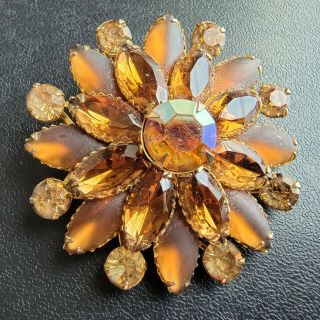 Signed Judy Lee Vintage Amber Iridescent Glass Flower Rhinestone Brooch Pin 885