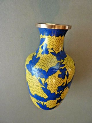 Vintage Chinese 6” Cloisonne Yellow & Blue Enamel Brass Censer Vase