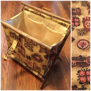 Vtg Knitting Sewing Caddy Basket Yarn Bag Folding Wood Frame Brown Orange
