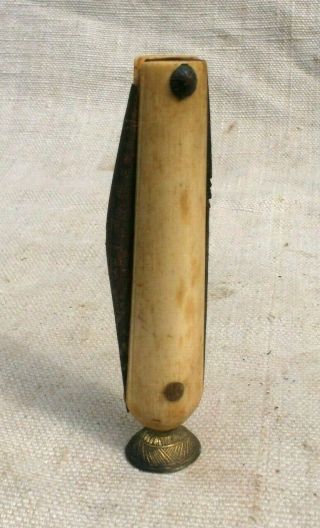 Vintage Folding Knife W/ Bone Handle & Brass Foot,  Nepal,  Tibet