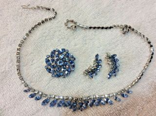 Vintage B.  David Rhinestone Necklace,  Earrings And Brooch - Blue