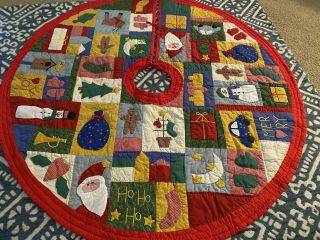Omg Vintage Hand Quilted Sampler Quilt Christmas Tree Skirt 50 " Round 222