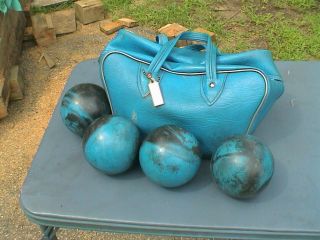 Set 4 Vintage Blue - Black Swirls Candlepin Bowling Balls 2lb 7oz W Bag Paramount