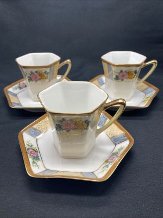 Vintage Noritake Tea Cup With Saucer Hand Painted Made In Japan Set Of 3