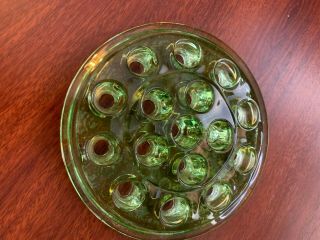 Vintage Floral Frog Green Depression Glass 16 Hole Flower Holder 5 Inch Round