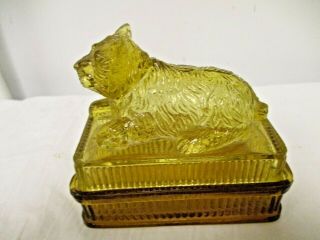 Vintage Amber Glass Cat/dog Figural Candy Dish With Lid - Ribbed Sides